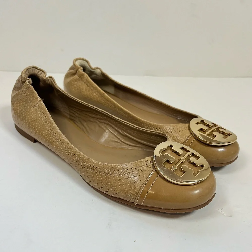 Tory Burch Reva Snake Embossed Leather Ballet Flats Tan Gold Logo 8M